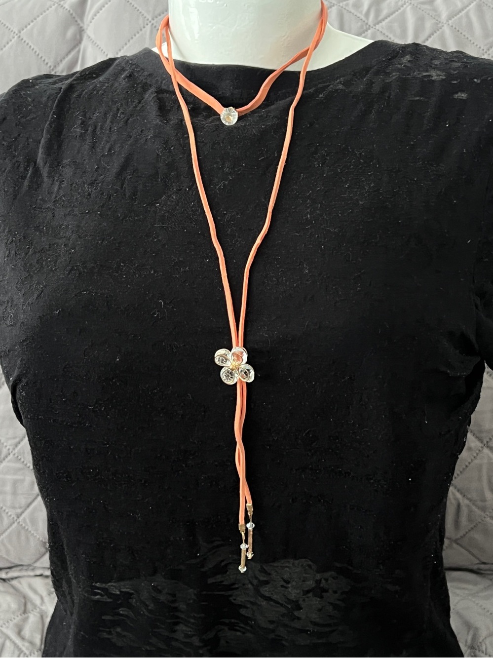 Delicate Coral Suede Lariat Necklace with Crystal Flower Pendant